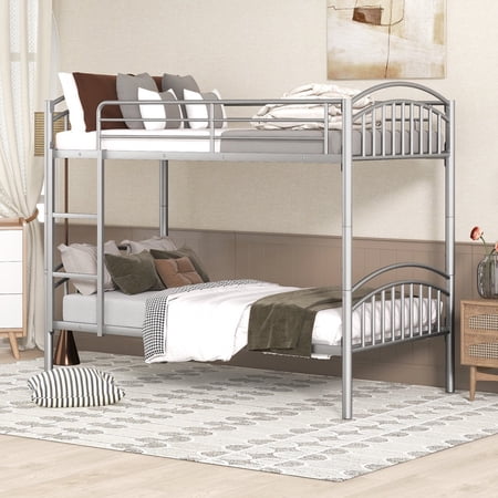 Gzxs Metal Bunk Bed Twin/Twin Size  Detachable Iron Bed Frame for Bedroom  Silver