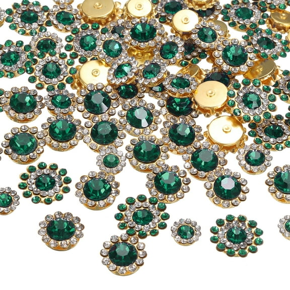 Uxcell 100Pcs Sew on Rhinestones 8mm 10mm 12mm Crystals Glass Sewing Flower Claw Metal Base Dark Green