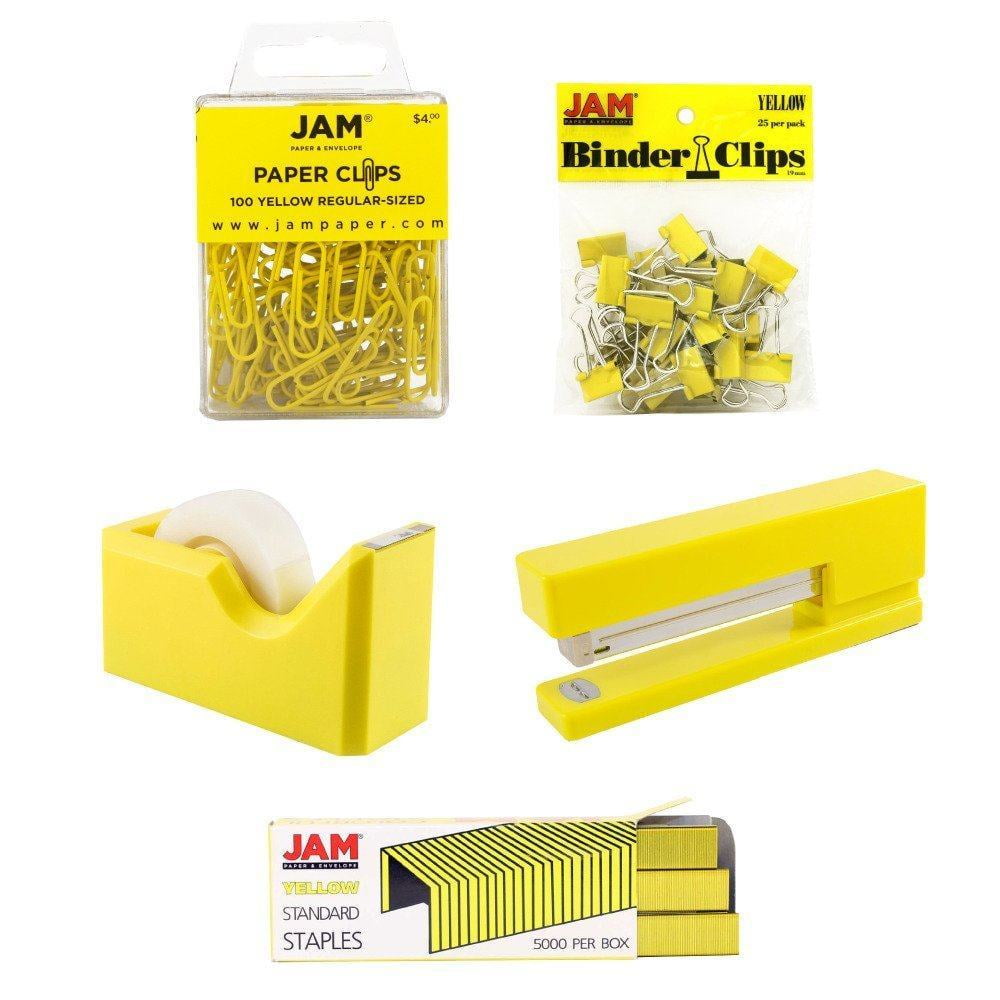 JAM Paper Office Set, Yellow, 5/Pack, Stapler, Tape Dispenser, Staples