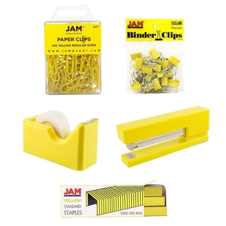 JAM Paper Office Set, Yellow, 5/Pack, Stapler, Tape Dispenser, Staples, Paper Clips & Binder Clips