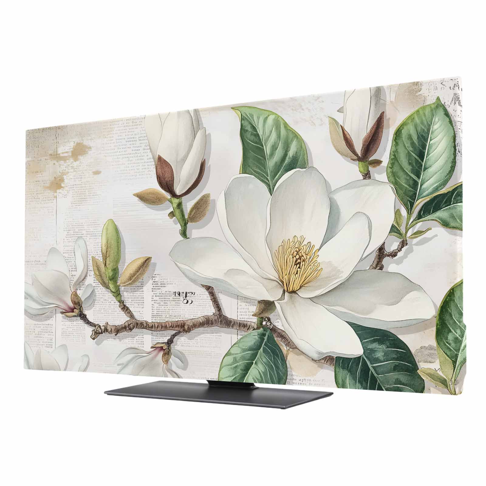 Flowers Leaves TV Cover for 55 Inch Screen,Stretch Fabric Dustproof TV Display Protector,Farmhouse White Botanical Magnolia Retro Elastic Slipcover Monitor Cover for Indoor Computer 47.9"x26.9"
