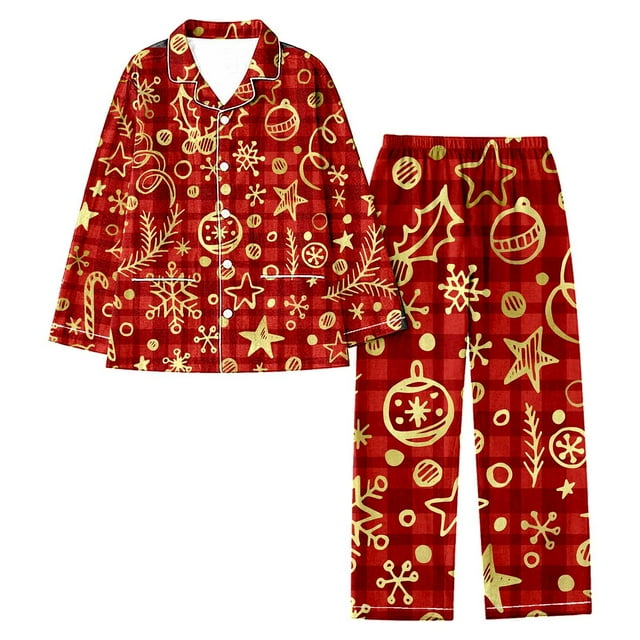 HNMKIU Ensemble de Pyjama pour Femmes Femmes Noël Décontracté Col à Revers Imprimé Père Noël Fêtes Flocons de Neige Manches Longues Ensemble Pantalon
