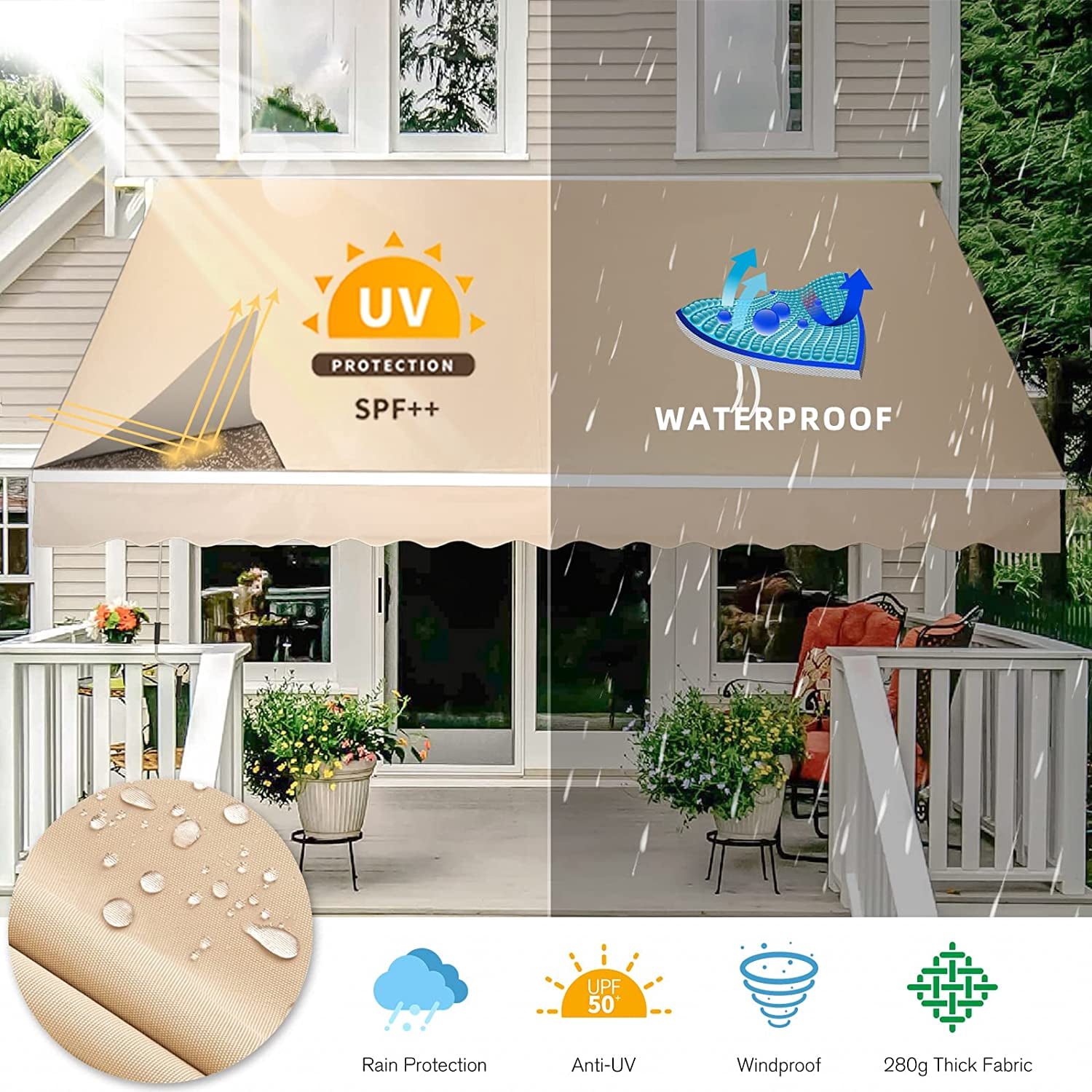 AECOJOY 13' x 8' Manual Retractable Patio Awning,Outdoor Awning Retractable Sunshade Shelter-Beige