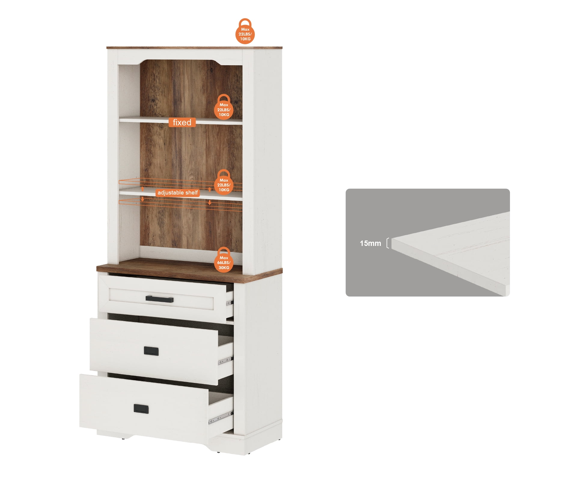 WAMPAT 3 Tier Bookcase with Drawer,73.3" Tall Floor Standing Bookshelf,Modern Farmhouse Display Storage Cabinet with Adjustable Shelves,Rustic White