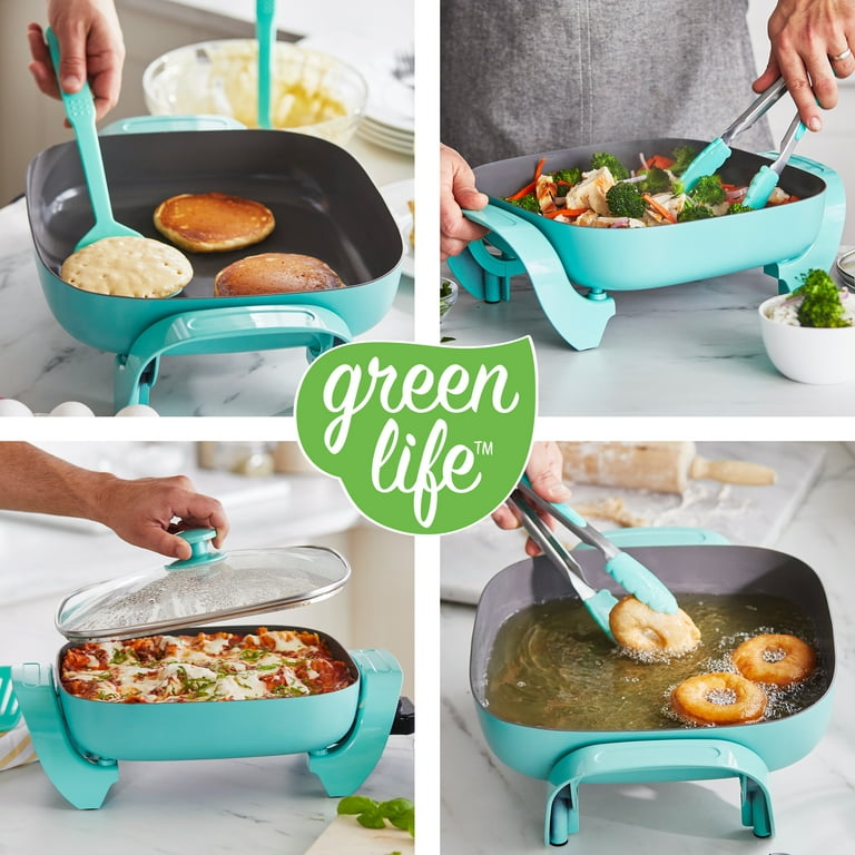 GreenLife Nonstick Square Electric Skillet with Glass Lid, 12 Inches, Teal  