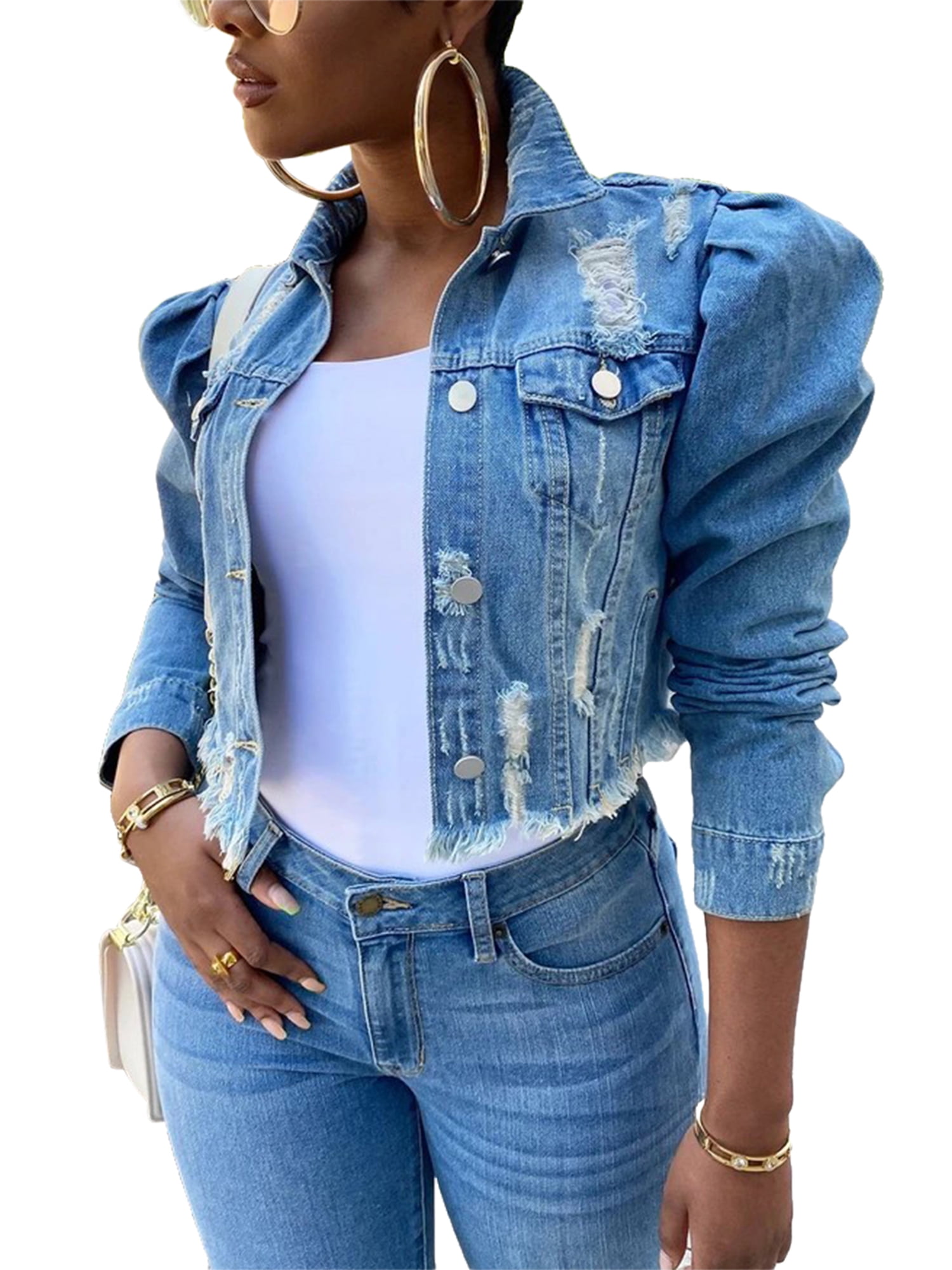 Kraftd Womens Denim Jacket Summer Casual Cotton Puffy Shoulder Long Sleeve Stretch Jean Jackets 