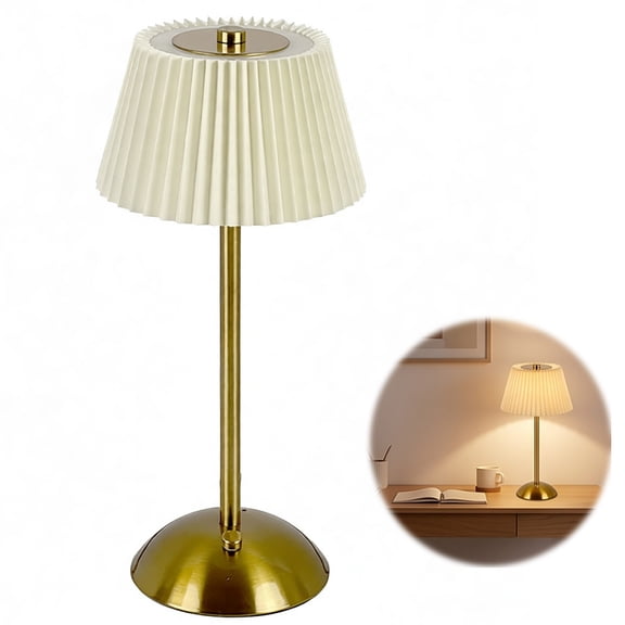 Yucurem Rechargeable Table Lamp, Wireless Cordless Touch Lamp, Pleated Fabric Table Lamp for Bedroom Reading, Beige