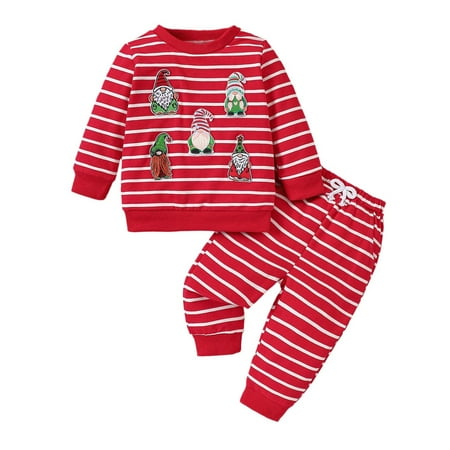 oqasdz Christmas Baby Girl Outfits Kids Winter Holiday With Santa Embroidery And Striped Hoodie Pants 2 Piece Set Comfy Playwear Size 3 M-6 M