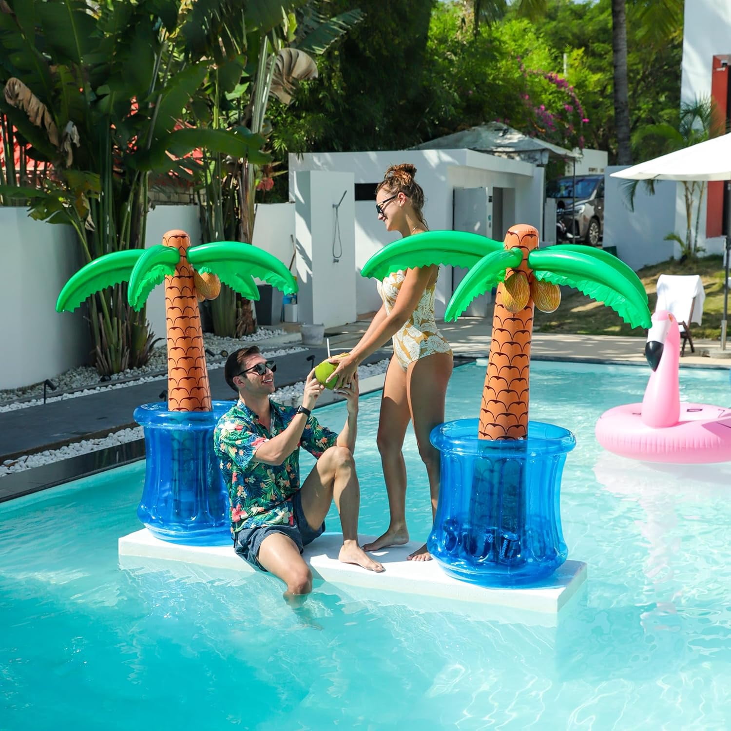 63" Drink Cooler for Parties, 2 Pack Inflatable Palm Tree Ice Bucket for BBQ, Picnic, Pool Party, Bachelorette Supplies, Floating Cooler for Hawaiian Luau Tropical Summer Party Decorations