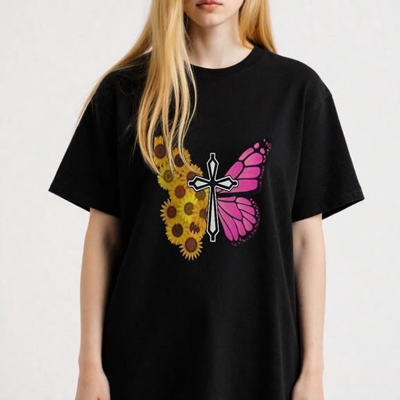 Religious inspired Butterfly and Sunflower Graphic for Women Casual T Shirt Faith themed Tee