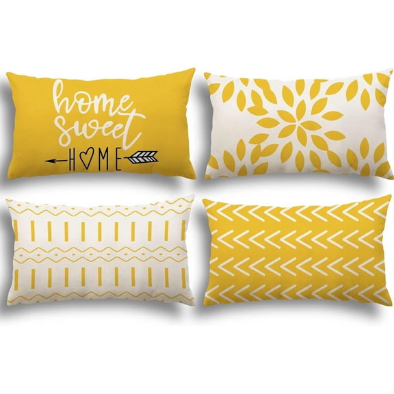 Lumbar Pillow Covers 12x20 Set of 4, Modern Sofa Throw Pillow Cover, Decorative Outdoor Linen Fabric Pillow Case for Couch Bed Car, Yellow