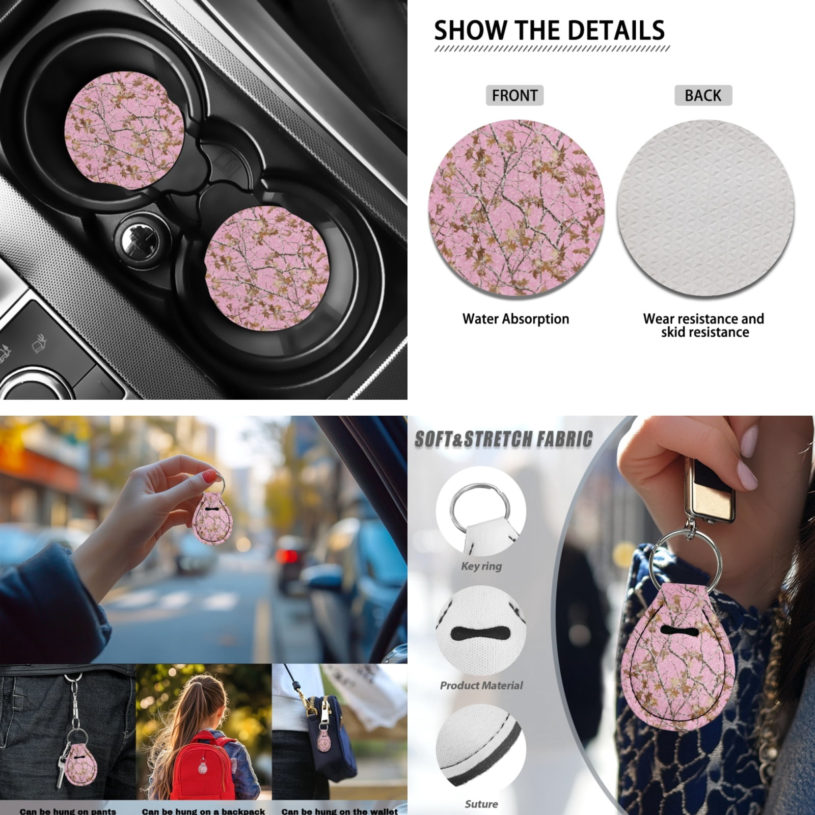 Yuyamidu 13 PCS Camo Hunting Car Seat Covers Set Pink Wood Steering Wheel Cover Seat Belt Covers Car Armrest Cover Cushion Coasters Lipstick Holder Keychain Auto Interior Accessories