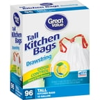 Great Value Drawstring Odor Control Lemon Scent Tall Kitchen Trash Bags, 13 gal, 96 count