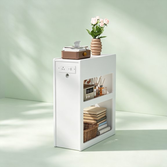 Facilehome Bedside Table with Charging Station, 19.69" Nightstand with Drawer and Flip Door Storage, USB Ports and AC Outlets for Bedroom and Living Room