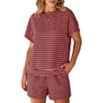 thumbnail image 4 of Womens 2 Piece Sets Summer Lounge Sets Striped Short Sleeve Oversized T Shirts Drawstring Shorts Matching Set, 4 of 7