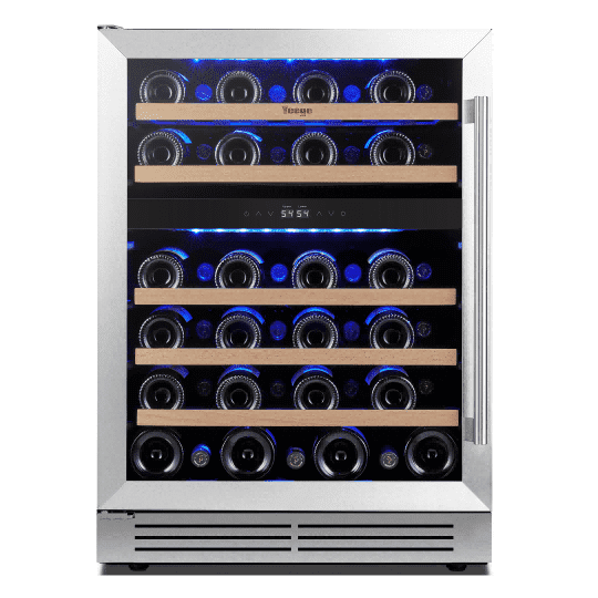 Yeego 24 inch Dual Zone Wine Cooler and Fridge, 52 Bottles Left Opening Wine Refrigerator with Double Glass Door for Office/Home, Built-in & Freestanding