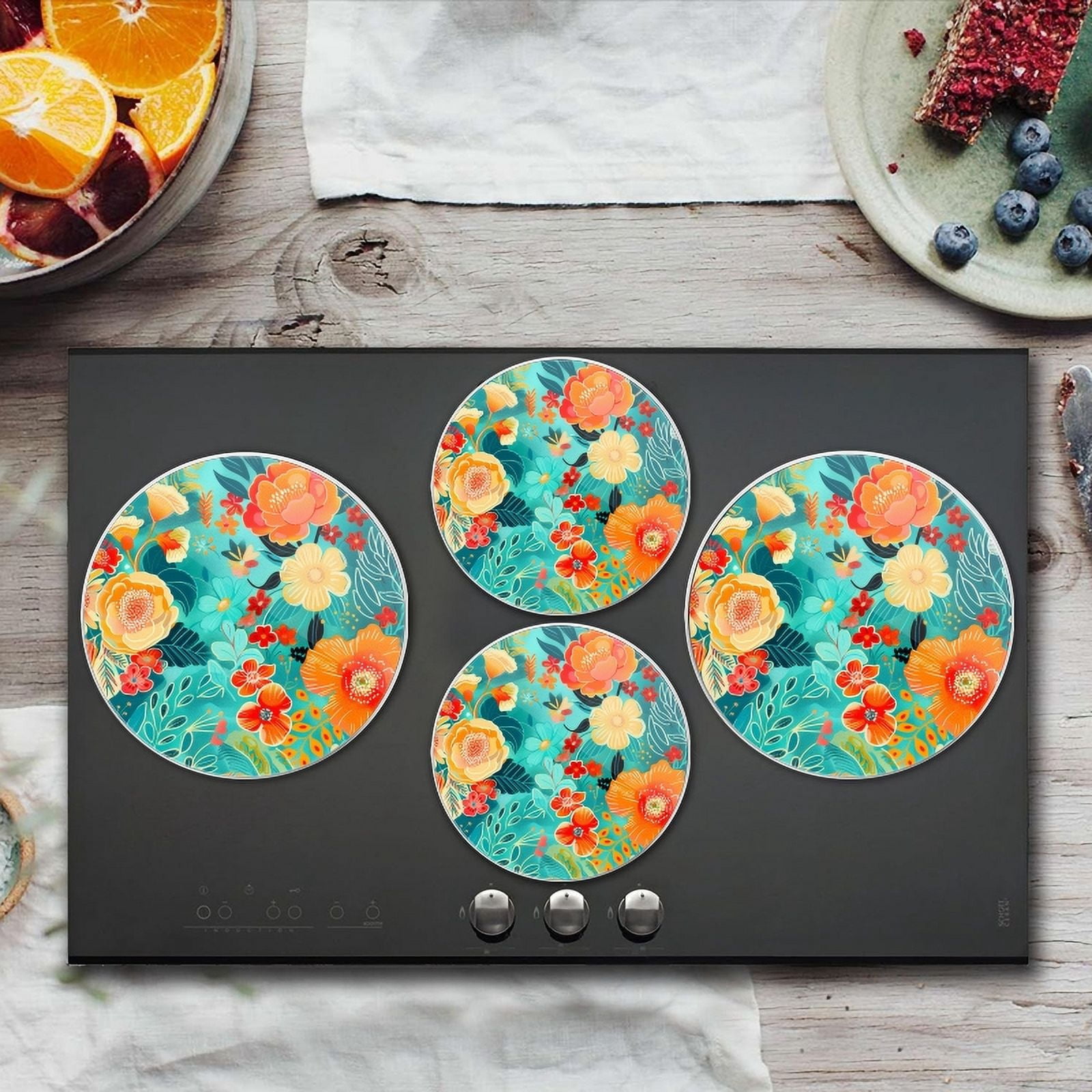 BaHomeck Electric Stove Burner Covers Set of 4,Round Metal Gas Stove Burner Covers 8 Inch and 10 Inch,Kitchen Decor,Vibrant Pattern Of Turquoise And Coral Flowers