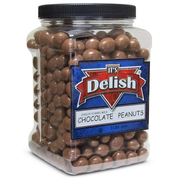 Gourmet Milk Chocolate Covered Peanuts by Its Delish - 3LBS Jumbo Reusable Container - Premium Kosher Dairy Chocolate Coated Peanuts