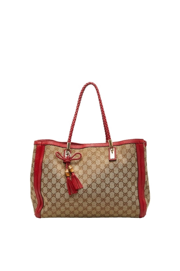 Pre-Owned Gucci GG Canvas Bamboo Tassel Tote Bag 269945 Beige Red Leather Women's... (Good)