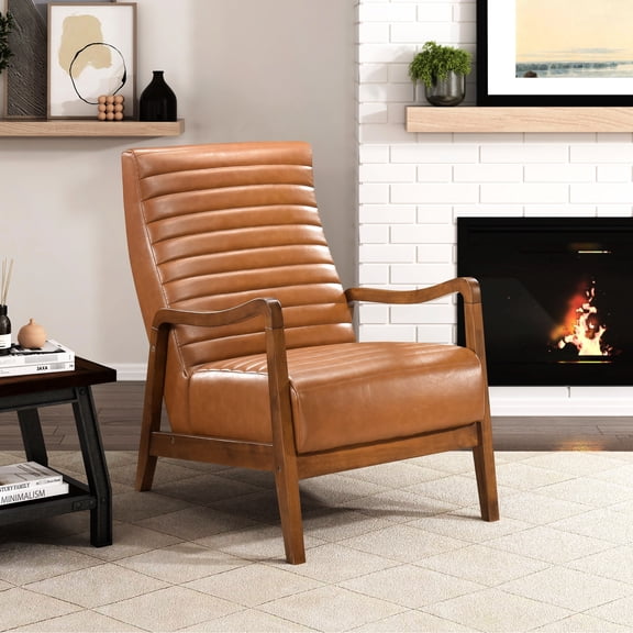 Modern Accent Chair With Brown Faux Leather And Walnut Finish Solid Rubberwood Frame Chair, Upholstery, In Style