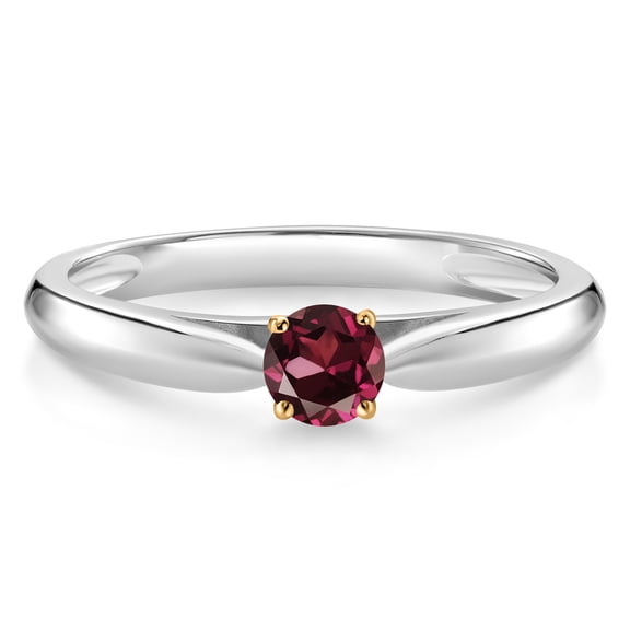 Gem Stone King 0.22 Ct Round Red Rhodolite Garnet 10K White and Yellow Gold Solitaire Engagement Ring (Size 6)