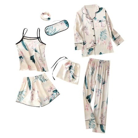 

7pcs/set Nightdress Kit Printed Sleepwear with Vest Shorts Woman Pajamas Set Lady Home Wear XL
