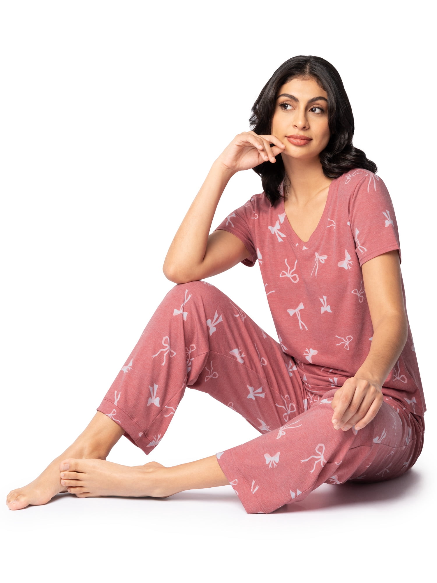 Fruit of the Loom Women's Soft & Breathable V-Neck Short Sleeve Top & Pajama Pant Set, Sizes S-4X
