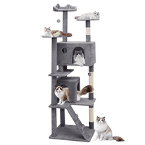 Magshion Cat Tree House, 77" Kittens Pet Play House with Cat Caves and Sisal Scratching Posts, Gentle Ramp, Smoky Gray