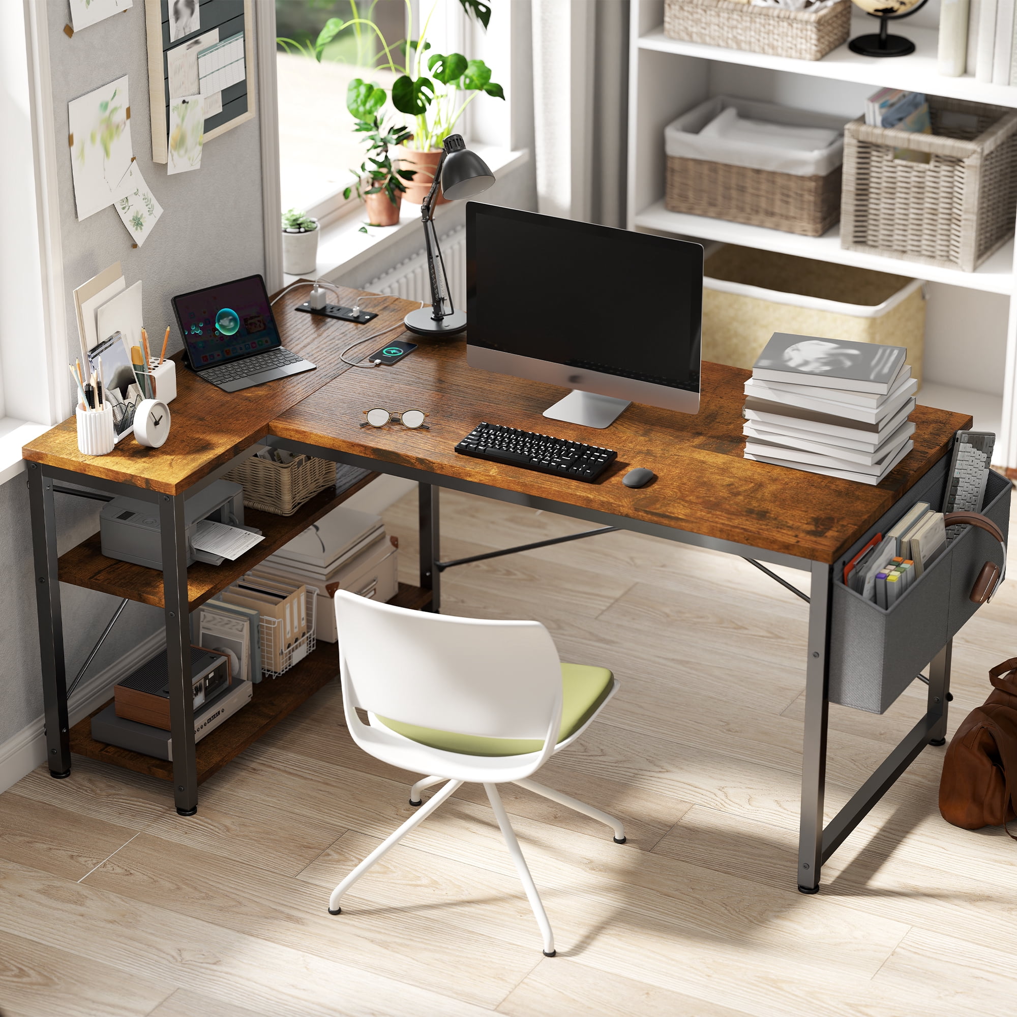 EnHomee L-Shaped Computer Desk with Charging Station, Small Desk with Storage Shelves for Gaming, Writing, Rustic Brown