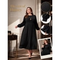thumbnail image 5 of Mengpipi Women's Plus Size Knits Fall Spring Long Sleeve Round Neck Puff Sleeve Ribbed A-Line Solid Color Casual Comfortable Midi Dress 1X-5X, 5 of 9