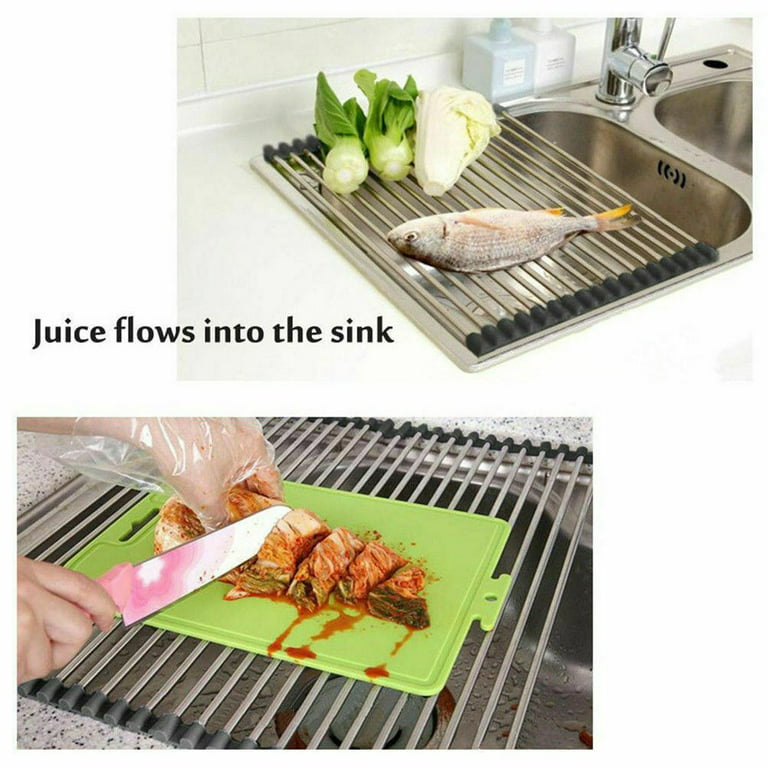 L XXL Kitchen Stainless Steel Sink Drain Rack Roll Up Dish Rack Food Drying  Mat