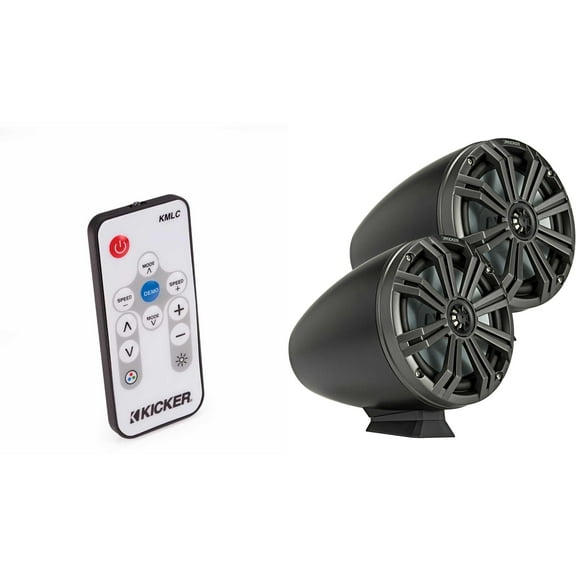 Kicker KMFC8 8" Flat Mount Loaded Marine Wake Towers with 46KM84L Speakers - Charcoal Grills with Black Enclosures ( Includes LED Remote )