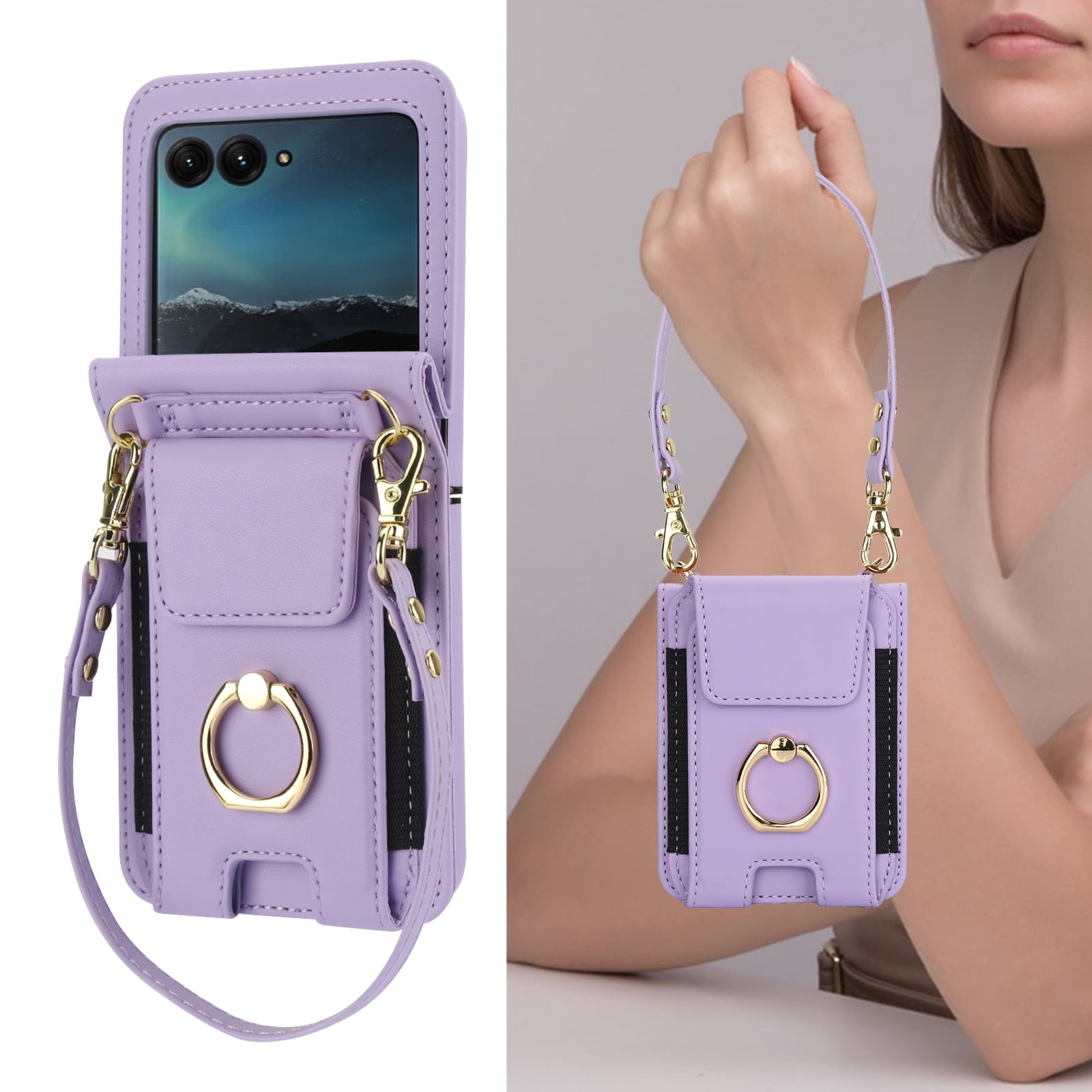 for Motorola Razr 2024 Case, Retro PU Leather Shockproof Protection Phone Case Wallet Built in Credit Card Slots Flip Cover Finger Ring Stand with Long Strap + Short Strap, Purple