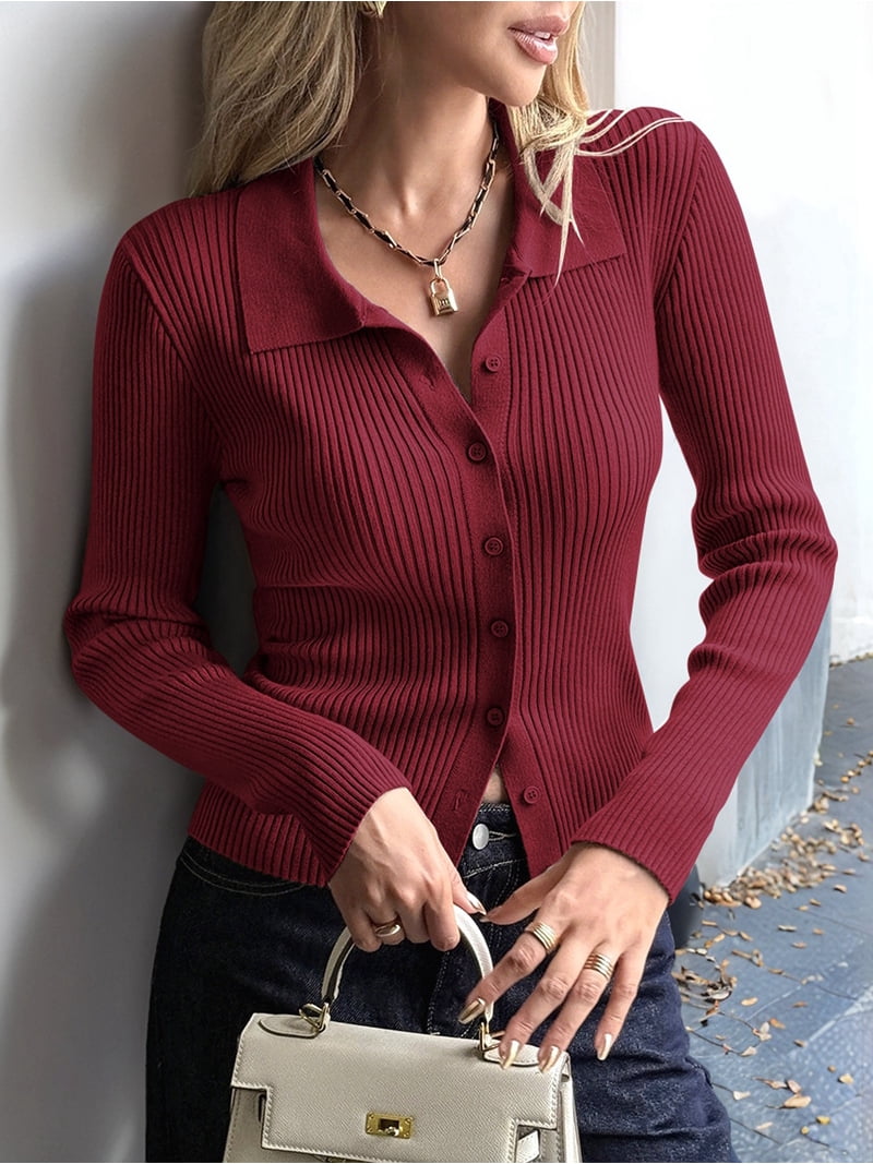 Women Long Sleeve Button Down Ribbed Knit Cardigan Shirt Casual