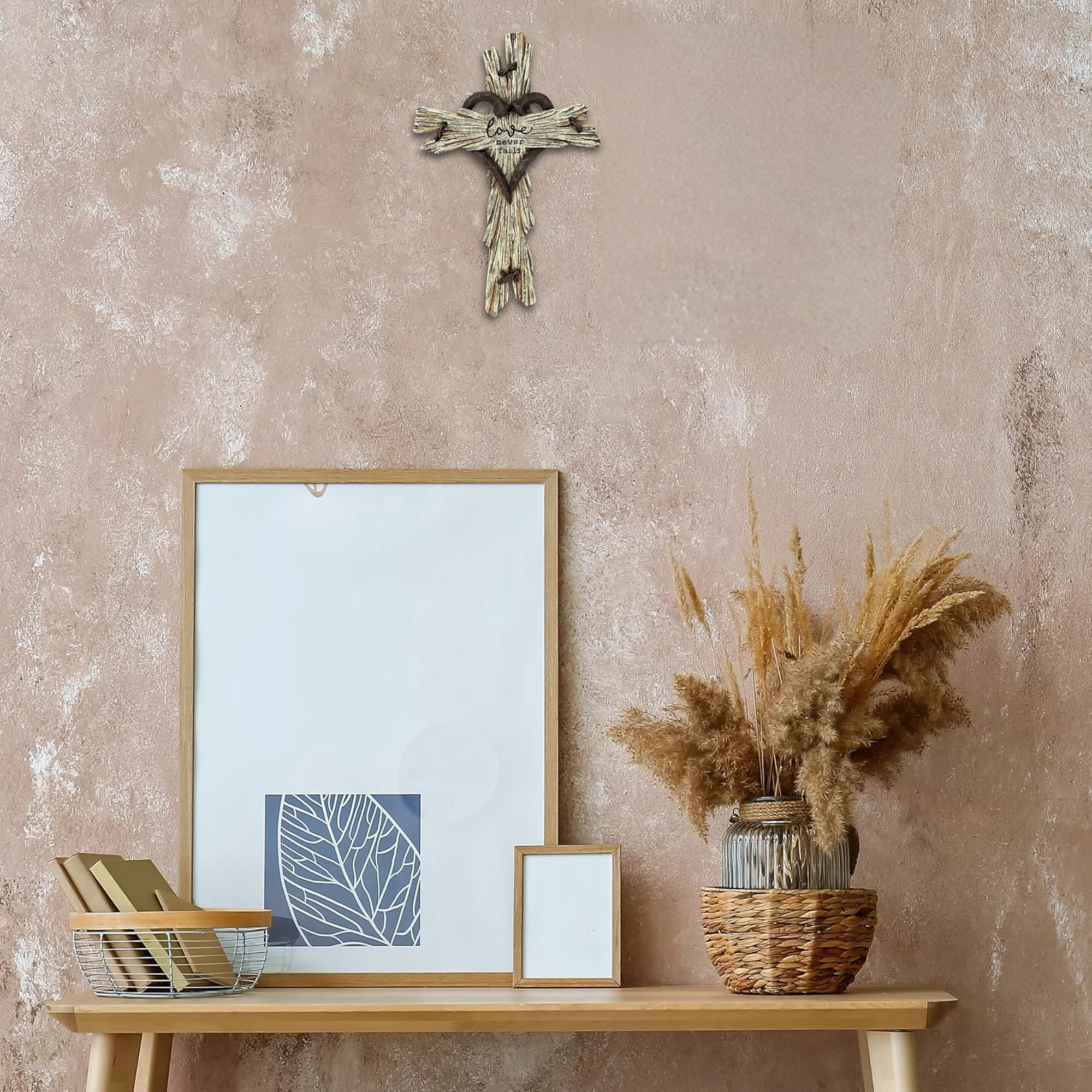 Rustic Driftwood Look Wall Cross with Heart at the Center and Engraved "Love Never Fails" – Premium Resin Religious Décor for Home, Church, or Office, Symbolizing Faith & Love, Easy Wall Mount Design