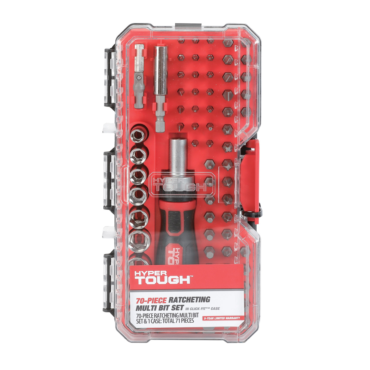 Juego de 70 piezas Hyper Tough con mango de trinquete, puntas y dados en estuche Click Fit 7