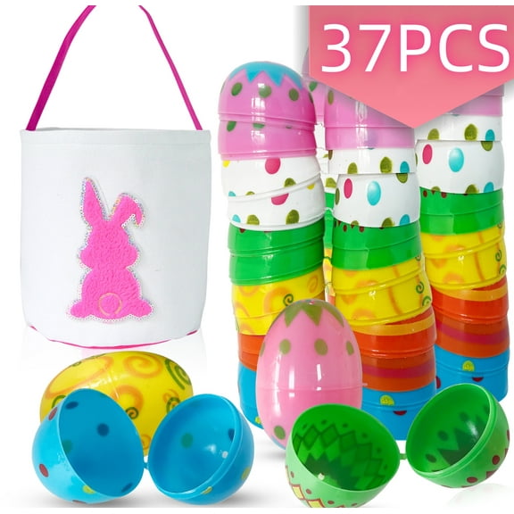Easter Eggs Plastic Eggs Basket Stuffers Empty Fillable Easter Ornament Decoration Perfect for Easter Egg Hunt, Surprise Egg, Easter Hunt 2.3"x 1.57" 36 Eggs 1 Bunny Bag