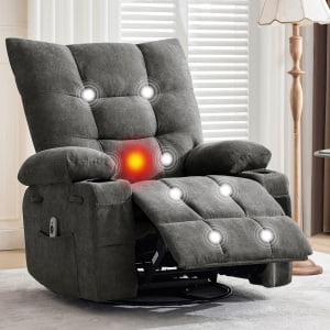 Swivel Rocker Recliner Chair with Heat and Massage&Adjustable Footrest for Elderly Adults,360° Swivel Rocking Sofa with Handrail and Backrest &Cup Holders Overstuffed Cushion for Back Pain Relief