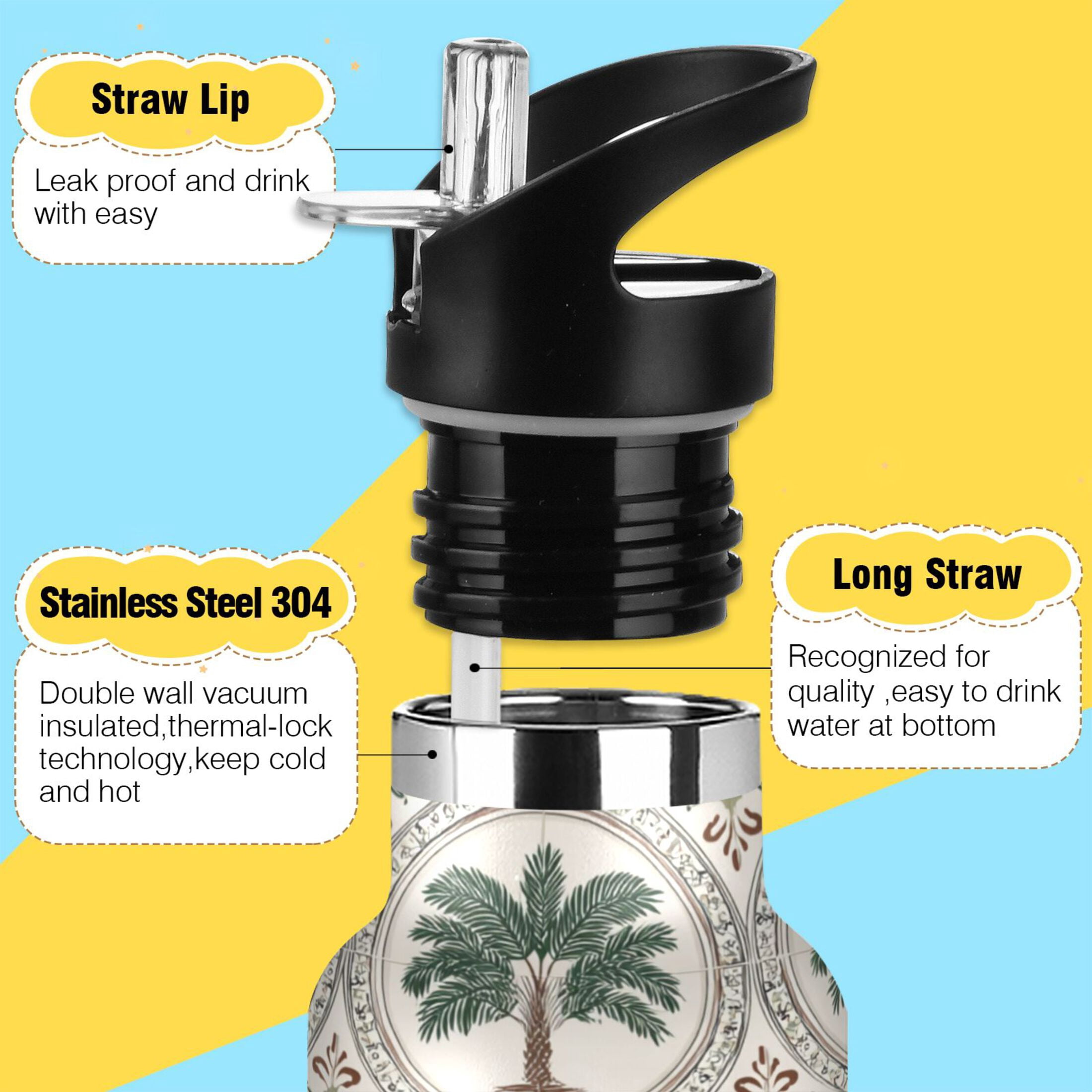 Kids Insulated Stainless Steel Sports Water Bottle 600ml (20oz) Circular Palm Tree Motifs