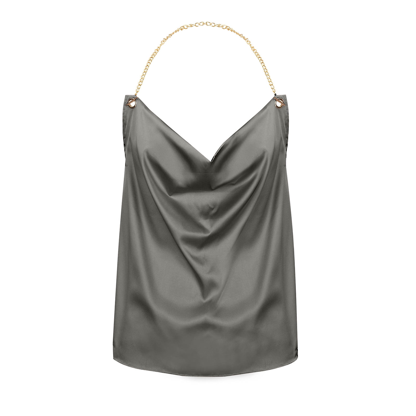 Xysaqa Women's Satin Cowl Neck Halter Tops Metallic Chain Xysaqa Women's Satin Cowl Neck Halter Tops Metallic Chain