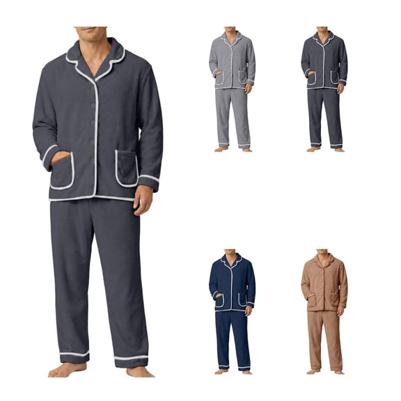 LWFFDAW Mens Fleece Pajamas Set Flannel Long Sleeve Collar Button Up Sleepwear and Elastic Waist Bottoms Winter Thick Warm Homewear Pjs Sets for Men