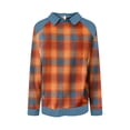 thumbnail image 4 of Women Long Sleeve Plaid Shirts Denim Collar Patchwork Stitching Sweatshirt Casual Tops, XL, 4 of 5