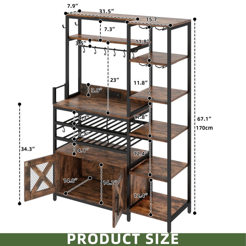 Uforic 6 Tier Kitchen Bakers Rack with Power Outlets, Coffee Bar Table with Wine Rack & Glass Holder, Storage Microwave Stand Kitchen Storage Shelf for Kitchen,Brown