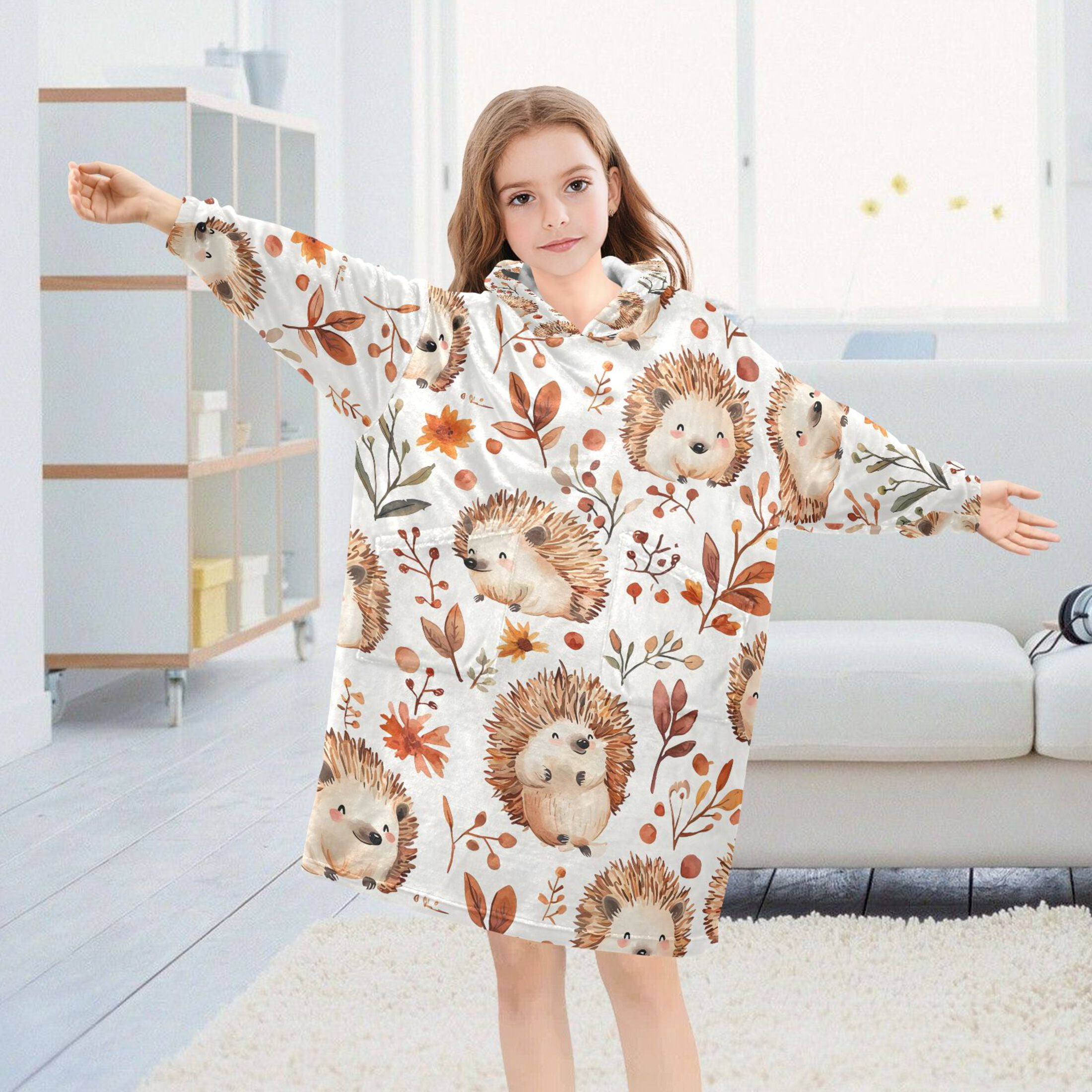 joogoo Blanket Hoodie for Hedgehog Leaves Flower Oversize Sweatshirt 3-14 YR L