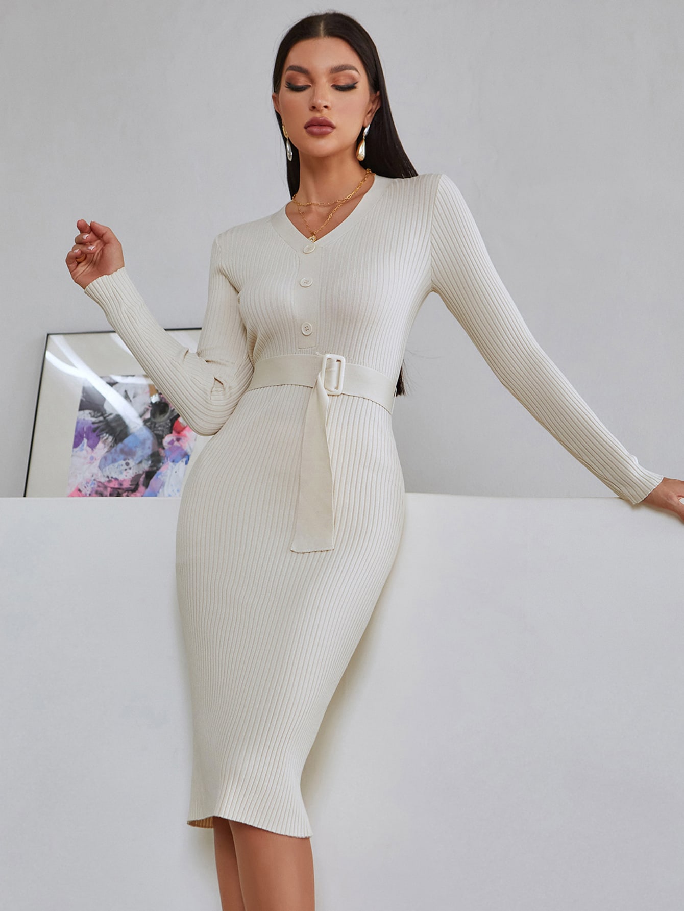 Beige Solid Button Front Belted Sweater 