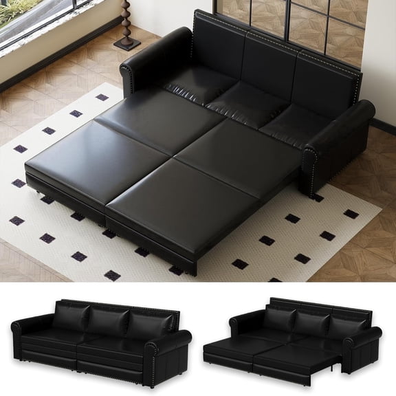 Folding Sofa Bed, 3-in-1 King Convertible Sleeper Sofa, Pull Out Futon Sofa Bed, Chesterfield Sofa with Nailhead Trim & Rolled Arm, Floor Couch for Living Room, Faux Leather