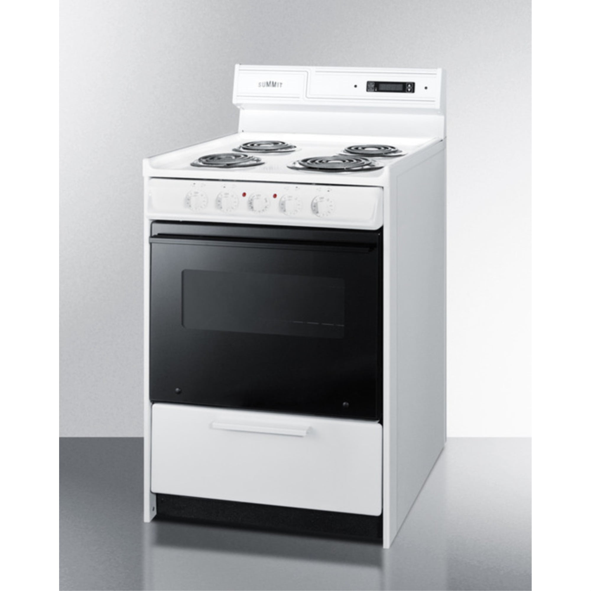 24" wide electric coil top range in white with black door, oven window, and high backguard