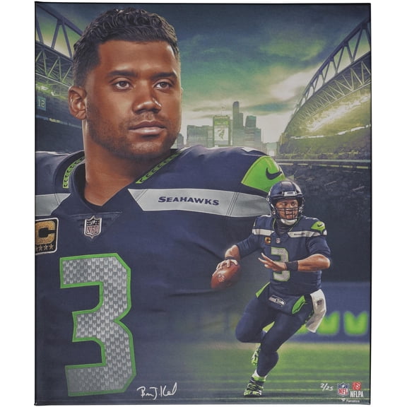Russell Wilson Seattle Seahawks Stretched 20" x 24" Giclee - Created and Signed by Artist Brian Konnick - Limited Edition of 25 - Fanatics Authentic Certified