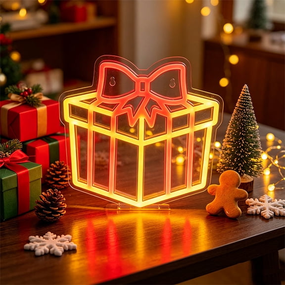 Cififendec Christmas Neon Sign Light, 10.2"×9.8", Usb Powered Dual Use Hanging Tabletop Neon Lamp with Festive Motifs for Window Mantel Holiday Lighting