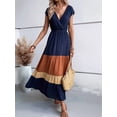 thumbnail image 6 of Women Party Color Block Dress High Waist Short Sleeve Maxi V Neck Dress Casual Ruched Ruffle Hem Dress Style 1 M, 6 of 8